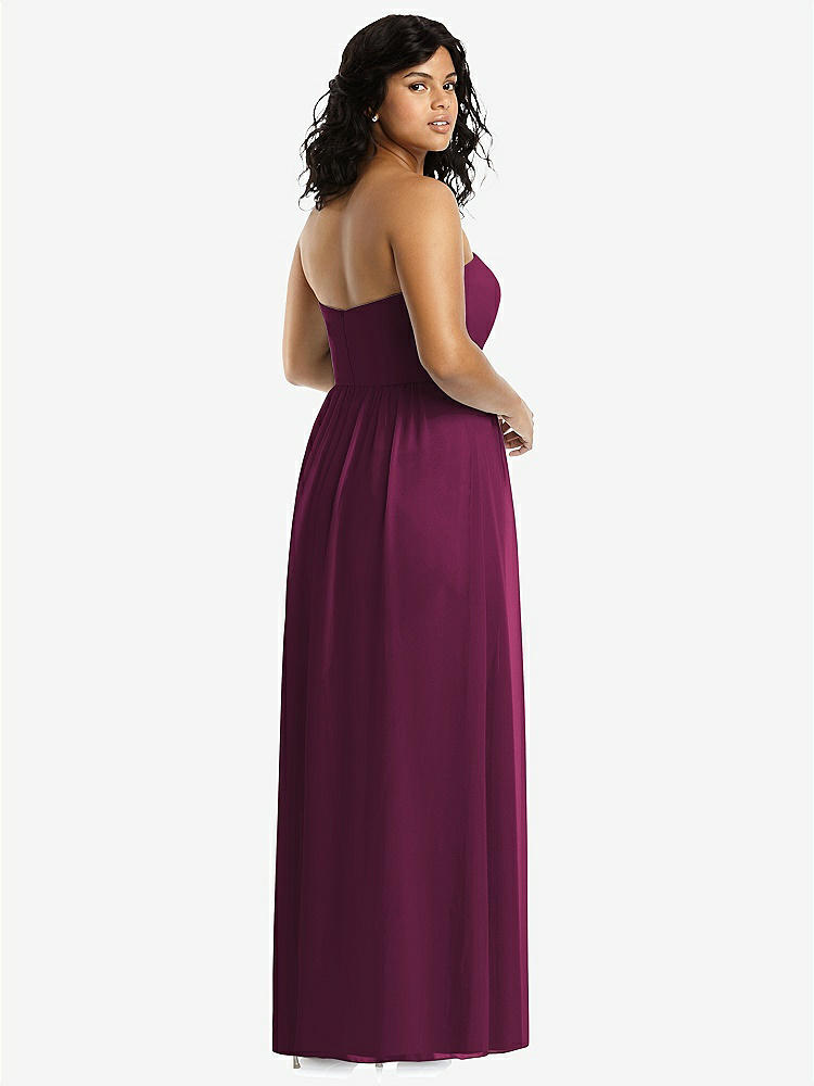 【STYLE: 8159】Strapless Draped Bodice Maxi Dress with Front Slits【COLOR: Ruby】
