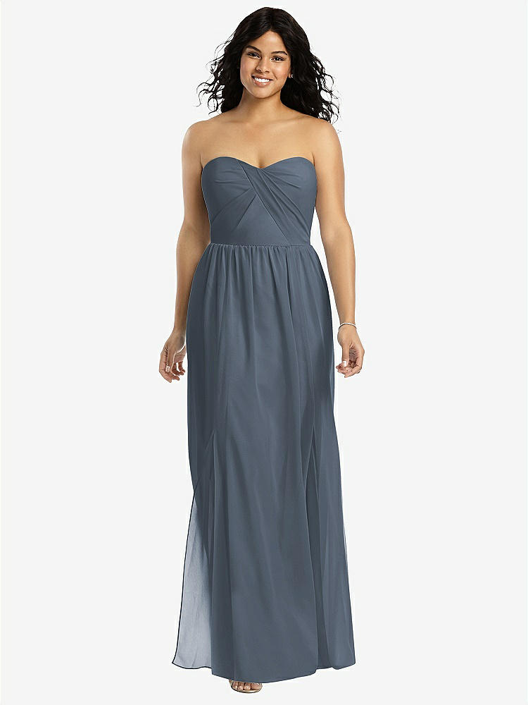 【STYLE: 8159】Strapless Draped Bodice Maxi Dress with Front Slits【COLOR: Silverstone】