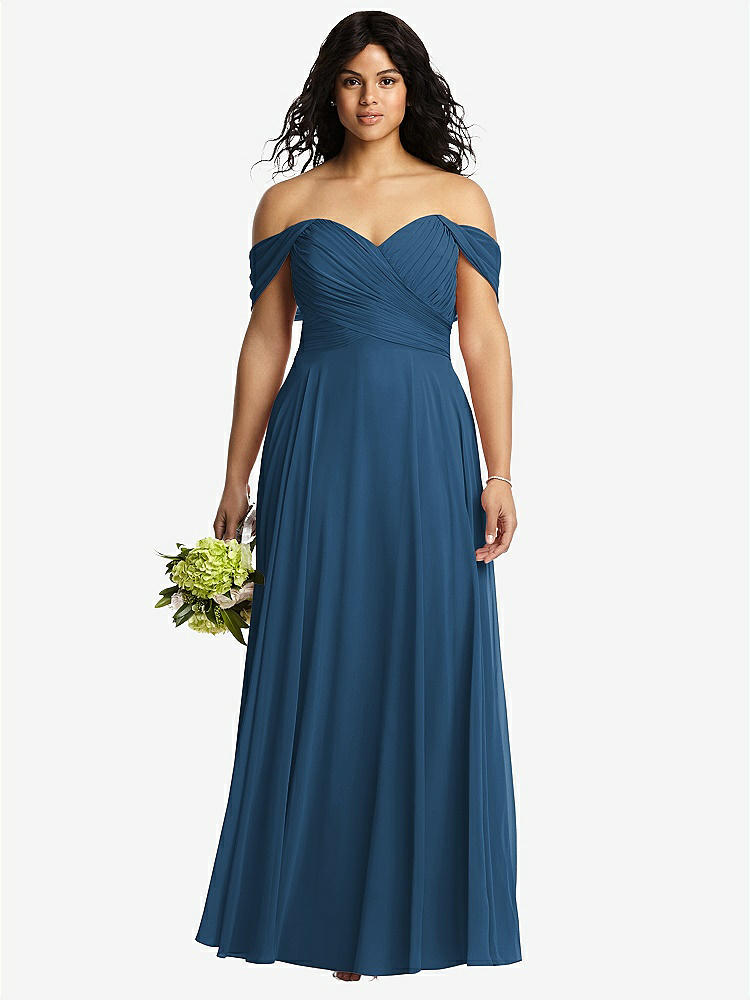 【STYLE: 2970】Off-the-Shoulder Draped Chiffon Maxi Dress【COLOR: Dusk Blue】