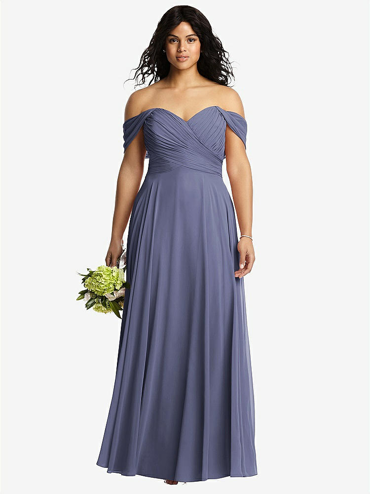 【STYLE: 2970】Off-the-Shoulder Draped Chiffon Maxi Dress【COLOR: French Blue】