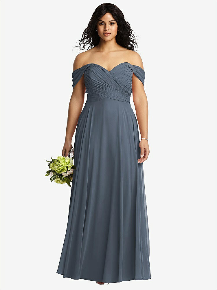 【STYLE: 2970】Off-the-Shoulder Draped Chiffon Maxi Dress【COLOR: Silverstone】
