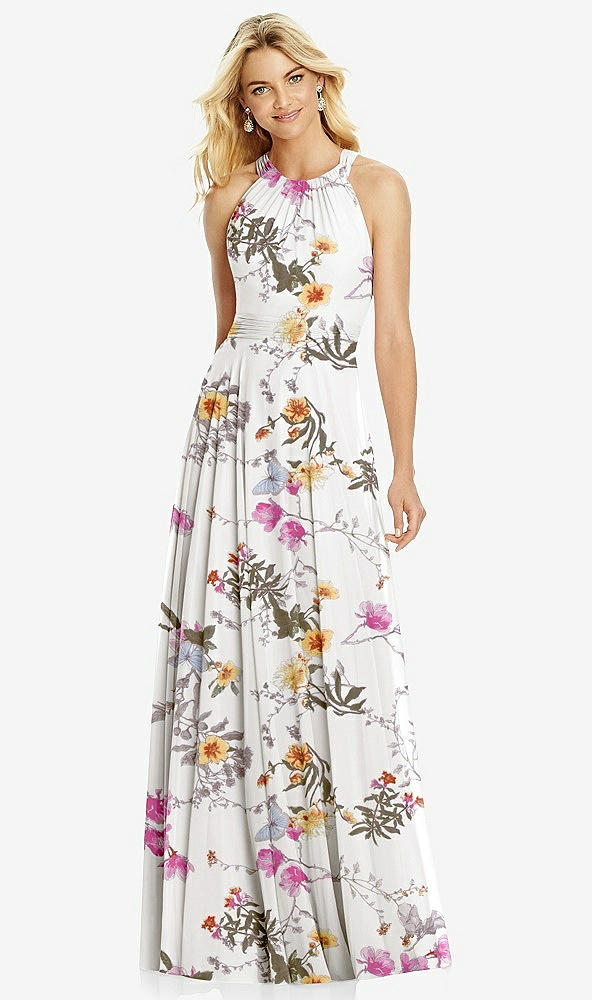 【STYLE: 6760】Cross Strap Open-Back Halter Maxi Dress【COLOR: Butterfly Botanica Ivory】