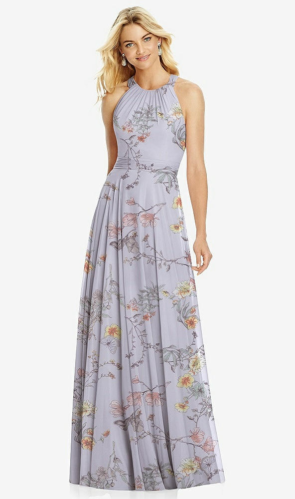 【STYLE: 6760】Cross Strap Open-Back Halter Maxi Dress【COLOR: Butterfly Botanica Silver Dove】