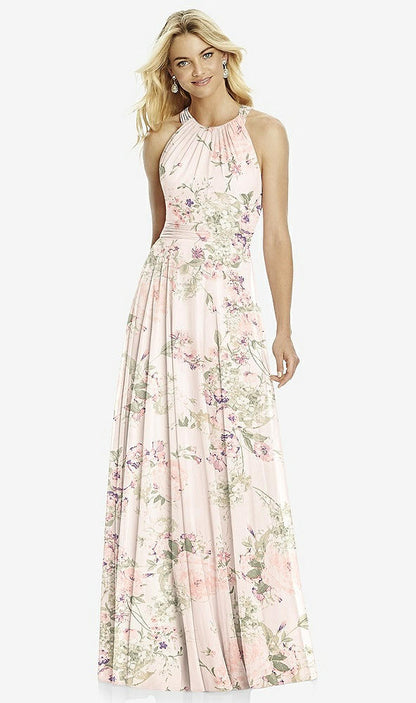 【NEW】【STYLE: 6760】クロス ストラップ オープンバック ホルター マキシ ドレス【COLOR: Blush Garden】【SIZE: 00-30W】