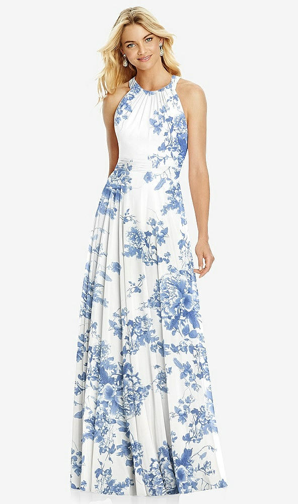 【STYLE: 6760】Cross Strap Open-Back Halter Maxi Dress【COLOR: Cottage Rose Dusk Blue】