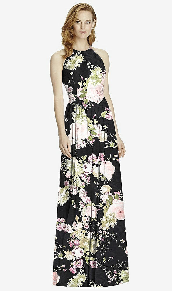 【NEW】【STYLE: 4511】カットアウト オープンバック Shirred Halter Maxi ドレス【COLOR: Noir Garden】【SIZE: 00-30W】