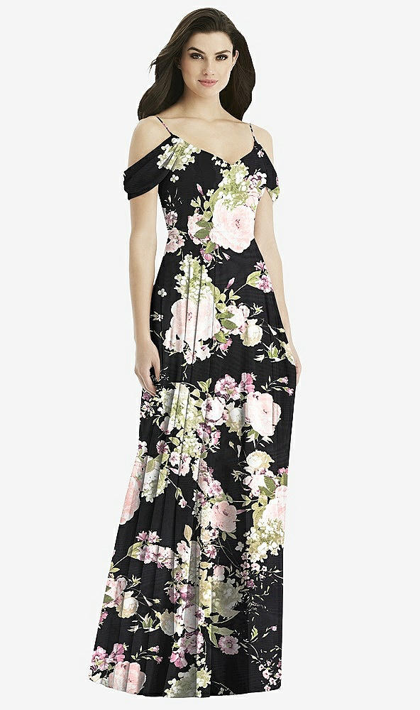 【STYLE: 4525】Off-the-Shoulder Open Cowl-Back Maxi Dress【COLOR: Noir Garden】