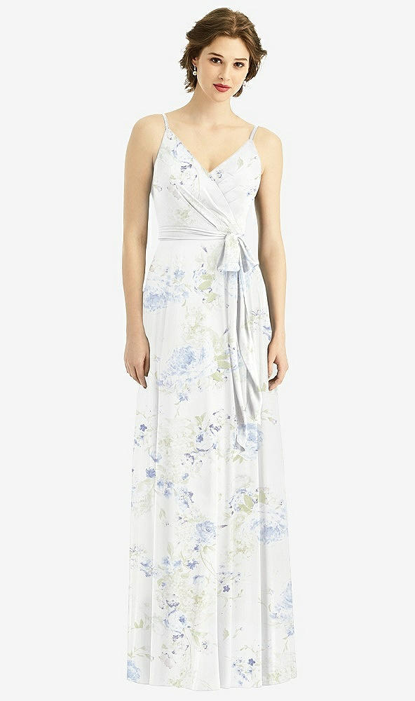 【STYLE: 1511】Draped Wrap Chiffon Maxi Dress with Sash【COLOR: Bleu Garden】