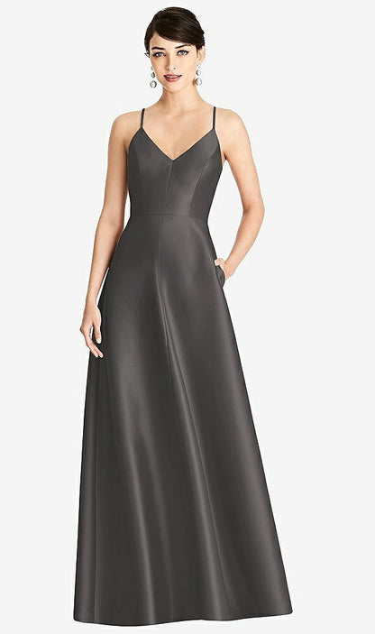【STYLE: D750】V-Neck Full Skirt Satin Maxi Dress【COLOR: Caviar Gray】