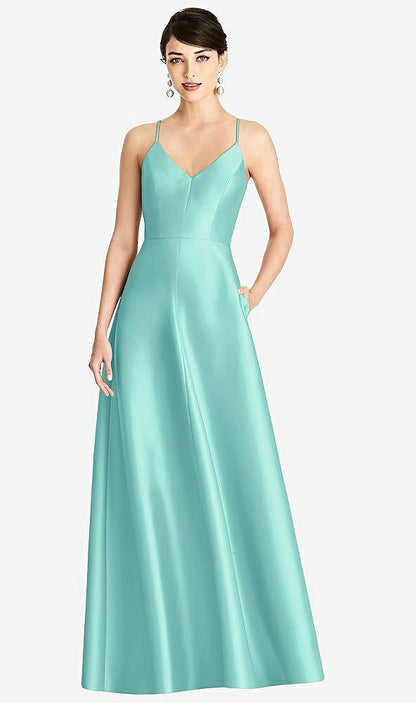 【STYLE: D750】V-Neck Full Skirt Satin Maxi Dress【COLOR: Coastal】