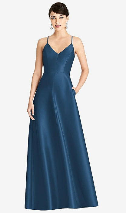 【STYLE: D750】V-Neck Full Skirt Satin Maxi Dress【COLOR: Dusk Blue】