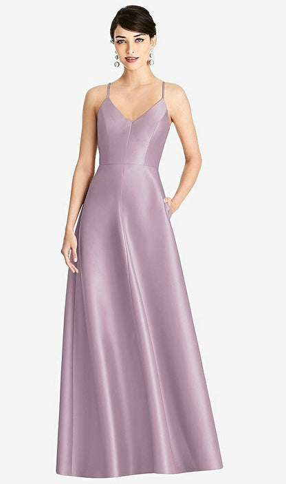 【STYLE: D750】V-Neck Full Skirt Satin Maxi Dress【COLOR: Suede Rose】