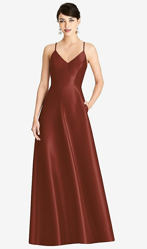 【STYLE: D750】V-Neck Full Skirt Satin Maxi Dress【COLOR: Auburn Moon】