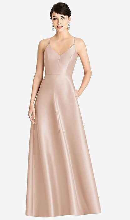 【STYLE: D750】V-Neck Full Skirt Satin Maxi Dress【COLOR: Cameo】