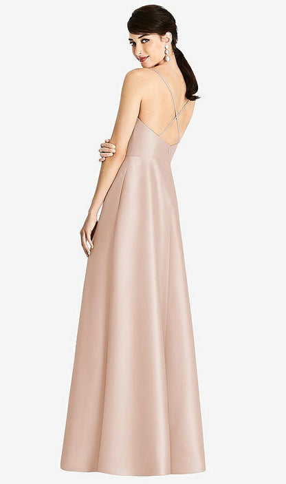 【STYLE: D750】V-Neck Full Skirt Satin Maxi Dress【COLOR: Cameo】