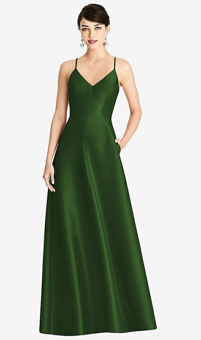 【STYLE: D750】V-Neck Full Skirt Satin Maxi Dress【COLOR: Celtic】