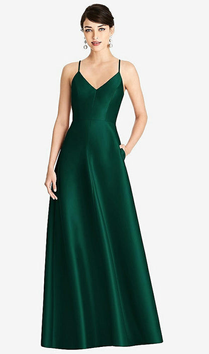 【STYLE: D750】V-Neck Full Skirt Satin Maxi Dress【COLOR: Hunter Green】