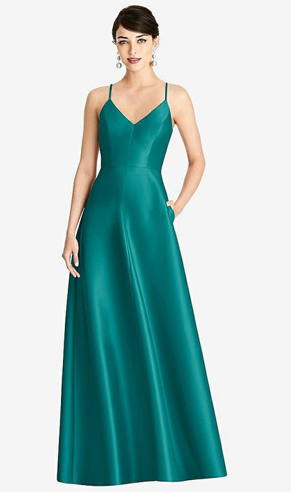 【STYLE: D750】V-Neck Full Skirt Satin Maxi Dress【COLOR: Jade】