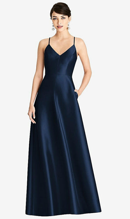 【STYLE: D750】V-Neck Full Skirt Satin Maxi Dress【COLOR: Midnight Navy】