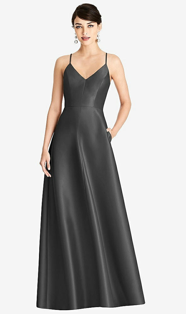 【STYLE: D750】V-Neck Full Skirt Satin Maxi Dress【COLOR: Pewter】