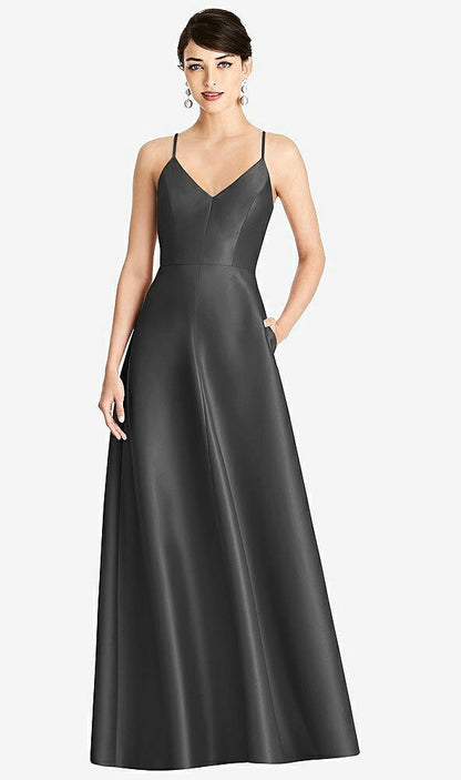 【STYLE: D750】V-Neck Full Skirt Satin Maxi Dress【COLOR: Pewter】