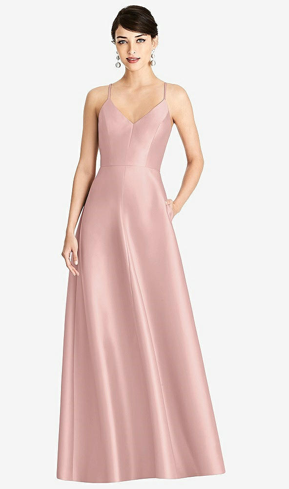 【STYLE: D750】V-Neck Full Skirt Satin Maxi Dress【COLOR: Rose - PANTONE Rose Quartz】