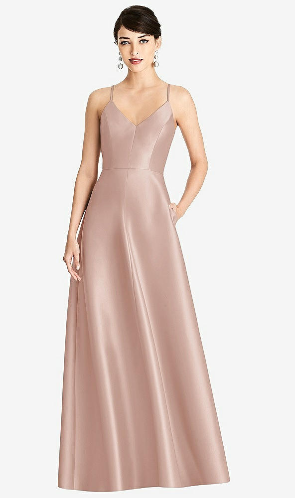【STYLE: D750】V-Neck Full Skirt Satin Maxi Dress【COLOR: Toasted Sugar】
