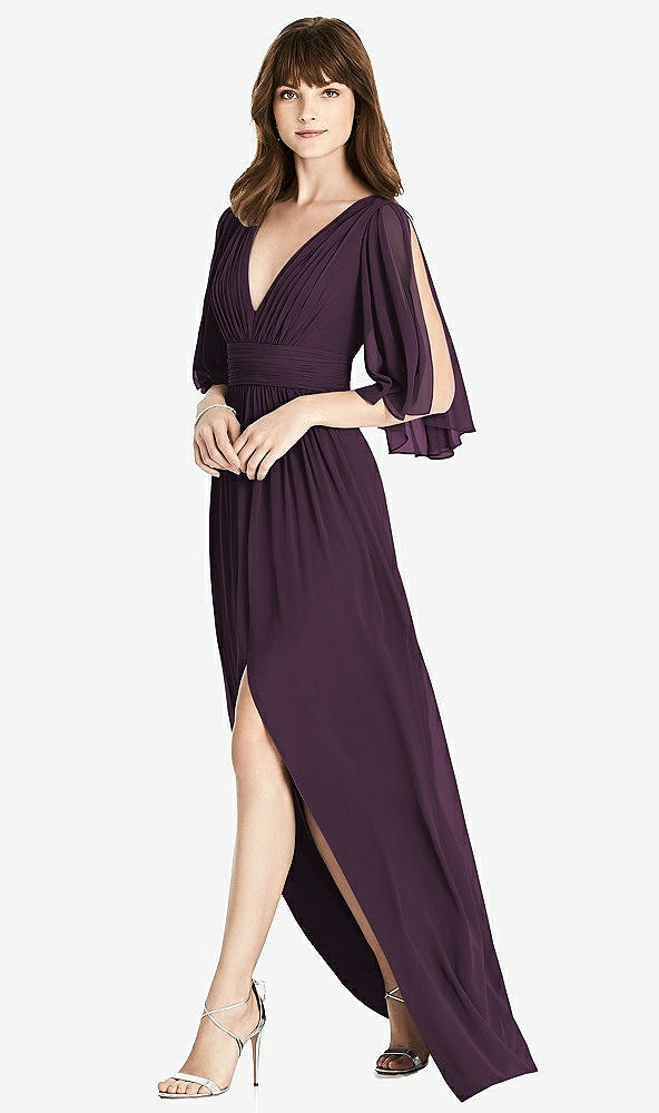 【NEW】【STYLE: 6777】スプリット スリーブ バックレス シフォン マキシ ドレス【COLOR: Aubergine】【SIZE: 00-30W】