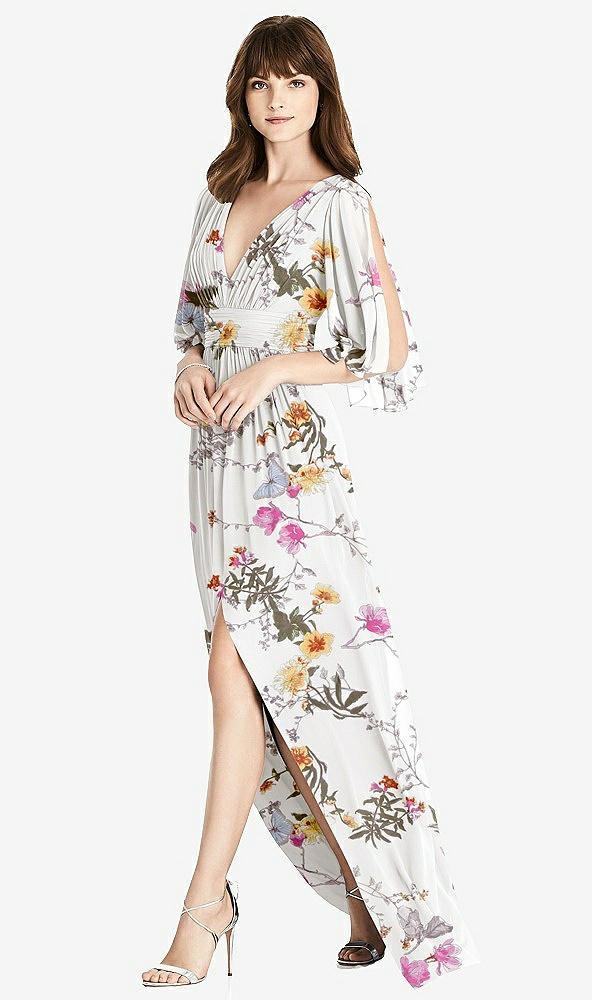 【STYLE: 6777】Split Sleeve Backless Chiffon Maxi Dress【COLOR: Butterfly Botanica Ivory】