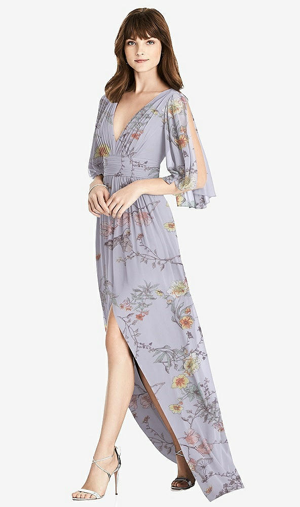【STYLE: 6777】Split Sleeve Backless Chiffon Maxi Dress【COLOR: Butterfly Botanica Silver Dove】