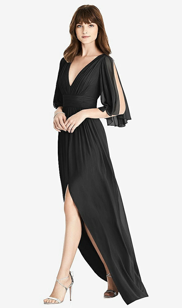 【NEW】【STYLE: 6777】スプリット スリーブ バックレス シフォン マキシ ドレス【COLOR: Black】【SIZE: 00-30W】