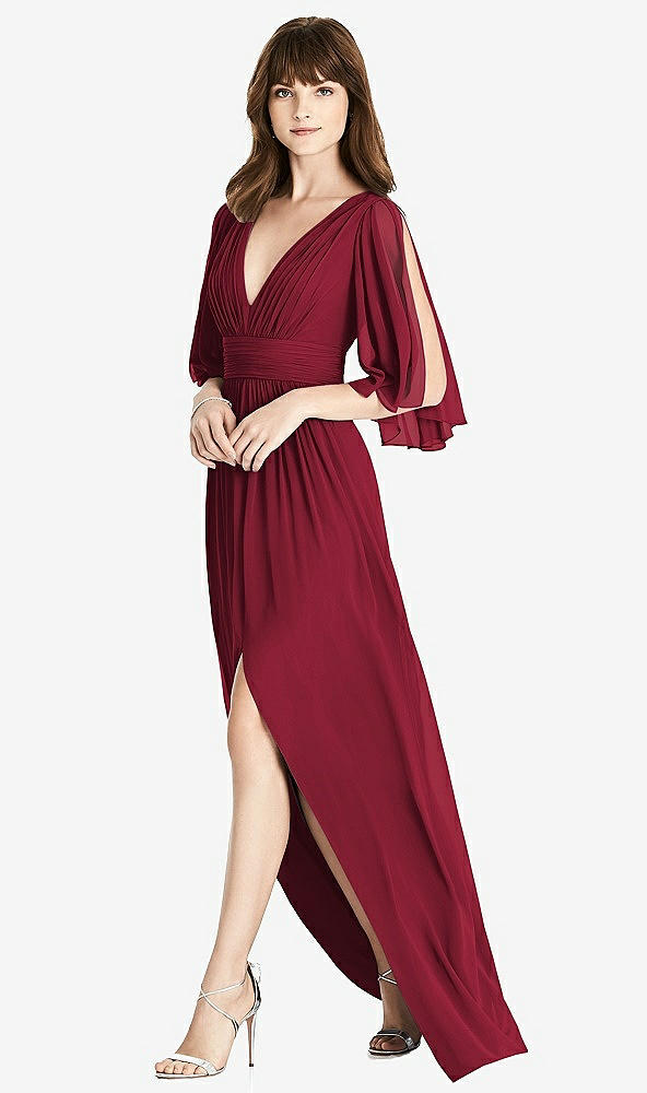 【NEW】【STYLE: 6777】スプリット スリーブ バックレス シフォン マキシ ドレス【COLOR: Burgundy】【SIZE: 00-30W】