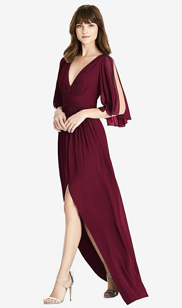 【NEW】【STYLE: 6777】スプリット スリーブ バックレス シフォン マキシ ドレス【COLOR: Cabernet】【SIZE: 00-30W】
