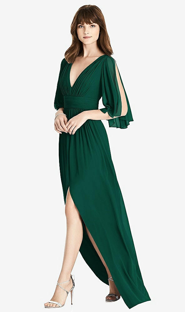 【STYLE: 6777】Split Sleeve Backless Chiffon Maxi Dress【COLOR: Hunter Green】