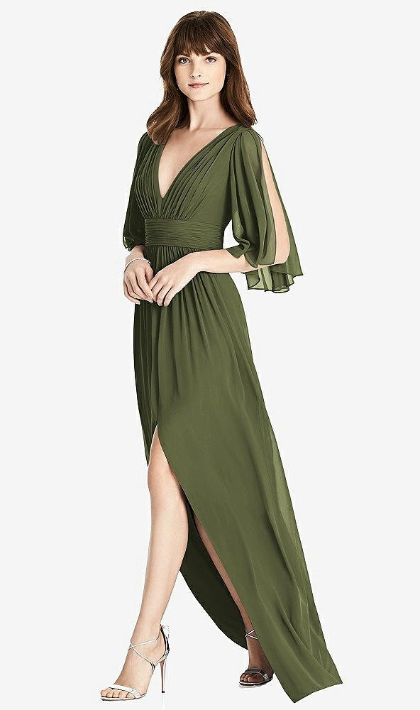 【STYLE: 6777】Split Sleeve Backless Chiffon Maxi Dress【COLOR: Olive Green】