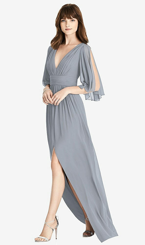 【NEW】【STYLE: 6777】スプリット スリーブ バックレス シフォン マキシ ドレス【COLOR: Platinum】【SIZE: 00-30W】