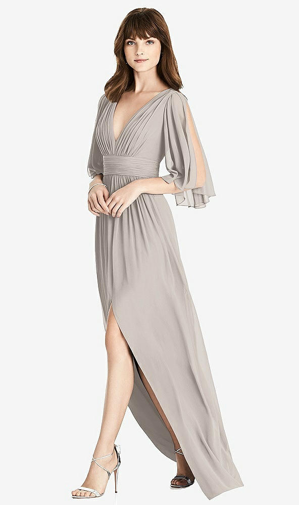 【NEW】【STYLE: 6777】スプリット スリーブ バックレス シフォン マキシ ドレス【COLOR: Taupe】【SIZE: 00-30W】