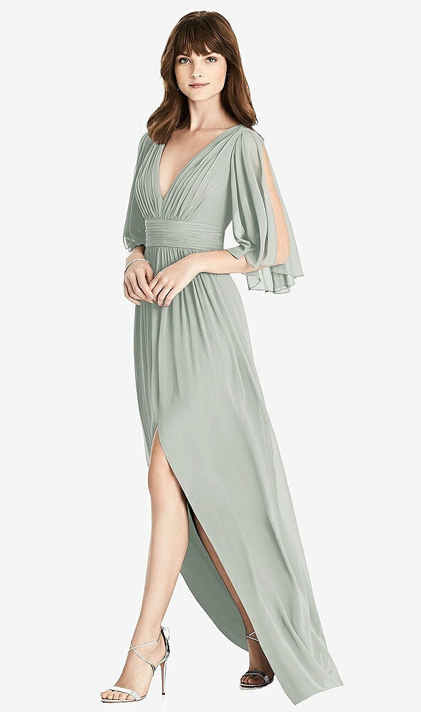 【STYLE: 6777】Split Sleeve Backless Chiffon Maxi Dress【COLOR: Willow Green】