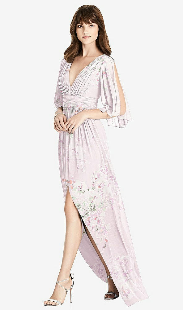 【STYLE: 6777】Split Sleeve Backless Chiffon Maxi Dress【COLOR: Watercolor Print】