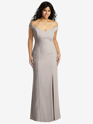 【STYLE: 3012】Off-the-Shoulder Criss Cross Back Trumpet Gown【COLOR: Taupe】