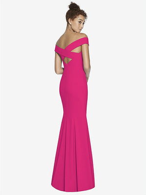 【STYLE: 3012】Off-the-Shoulder Criss Cross Back Trumpet Gown【COLOR: Think Pink】