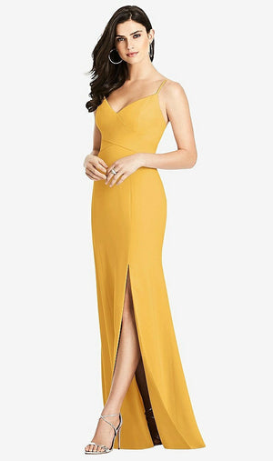 【STYLE: 3013】Seamed Bodice Crepe Trumpet Gown with Front Slit【COLOR: NYC Yellow】