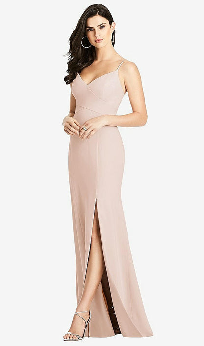【STYLE: 3013】Seamed Bodice Crepe Trumpet Gown with Front Slit【COLOR: Cameo】
