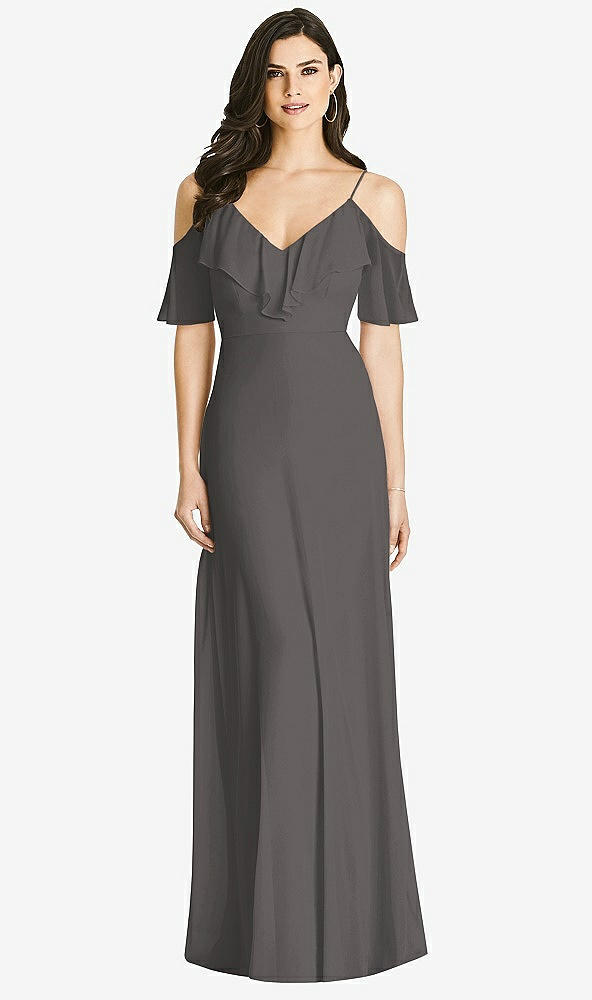 【STYLE: 3020】Ruffled Cold-Shoulder Chiffon Maxi Dress【COLOR: Caviar Gray】