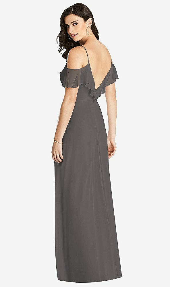 【STYLE: 3020】Ruffled Cold-Shoulder Chiffon Maxi Dress【COLOR: Caviar Gray】
