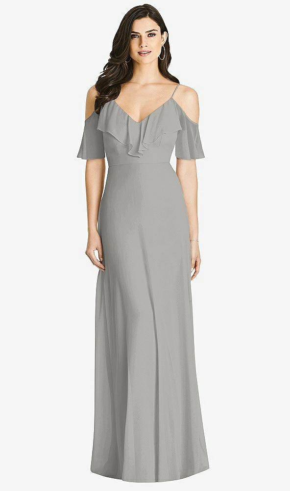 【STYLE: 3020】Ruffled Cold-Shoulder Chiffon Maxi Dress【COLOR: Chelsea Gray】