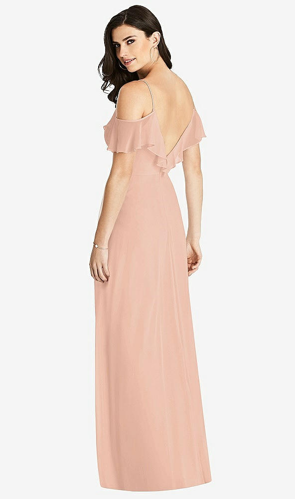【STYLE: 3020】Ruffled Cold-Shoulder Chiffon Maxi Dress【COLOR: Pale Peach】