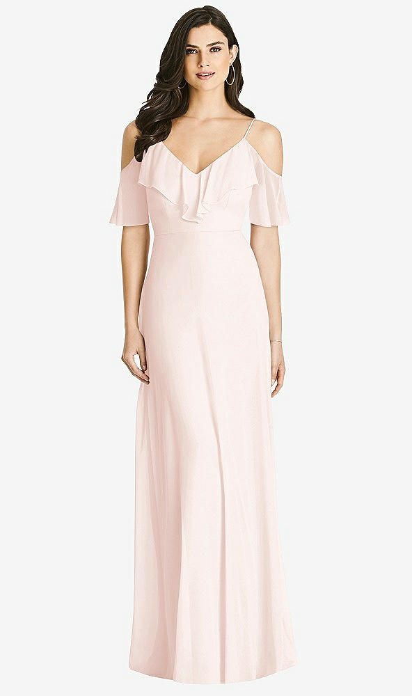 【STYLE: 3020】Ruffled Cold-Shoulder Chiffon Maxi Dress【COLOR: Blush】