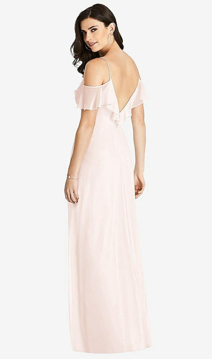 【STYLE: 3020】Ruffled Cold-Shoulder Chiffon Maxi Dress【COLOR: Blush】