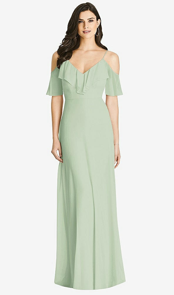 【STYLE: 3020】Ruffled Cold-Shoulder Chiffon Maxi Dress【COLOR: Celadon】